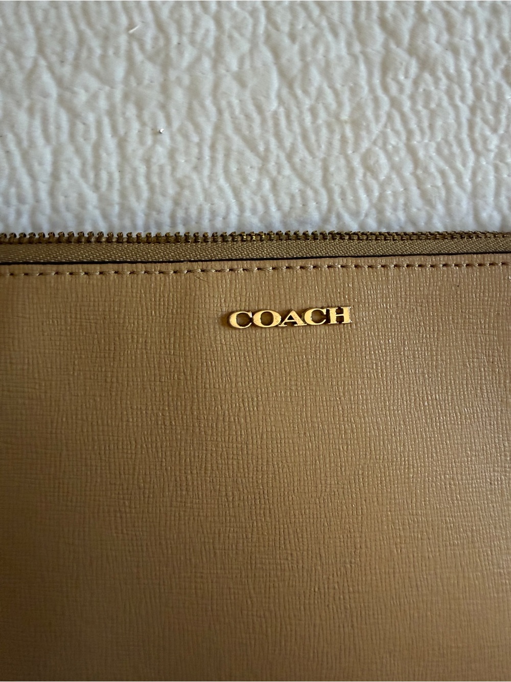 COACH Tan Zip Cosmetic Pouch with Gold Logo